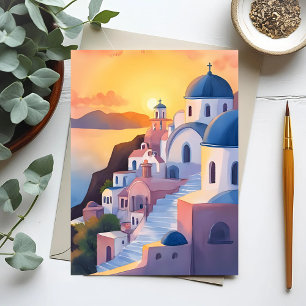 Santorini, Greece   Watercolor Coastline Sunset Postcard