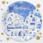 Santorini Greece Watercolor Custom Text Paper Plate<br><div class="desc">A modern blue and white watercolor painting of the Greek island of Santorini.  Original art by Nic Squirrell.  Change or delete the text to customise.</div>