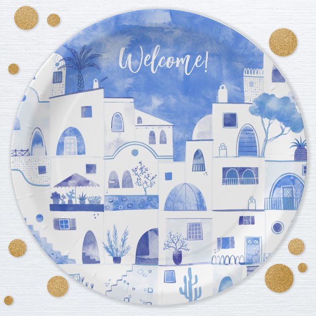 Santorini Greece Watercolor Custom Text Paper Plate (Santorini Oia Greece watercolor art party paper plate with custom text)