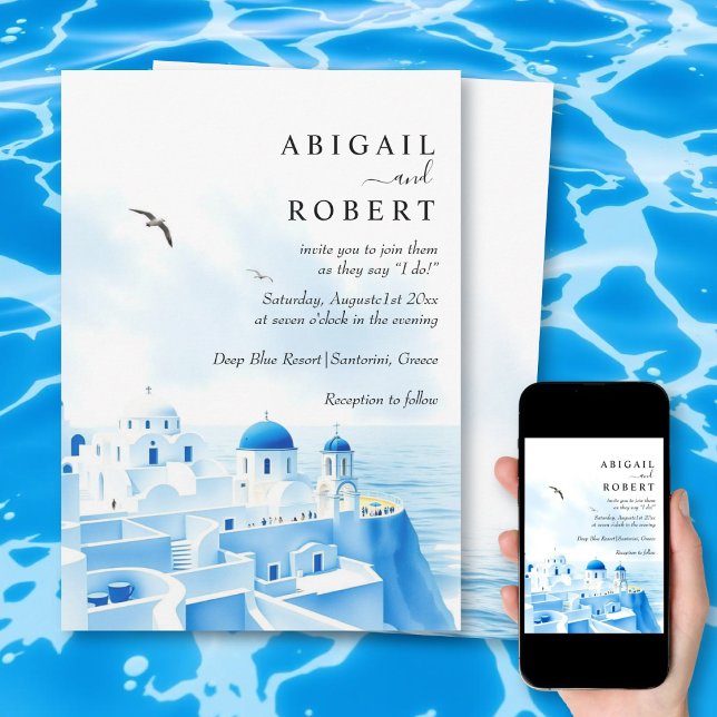 Santorini Greece watercolor destination wedding Invitation (Creator Uploaded)