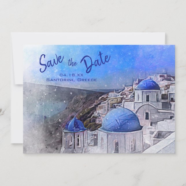Santorini Greece Watercolor Destination Wedding Save The Date (Front)