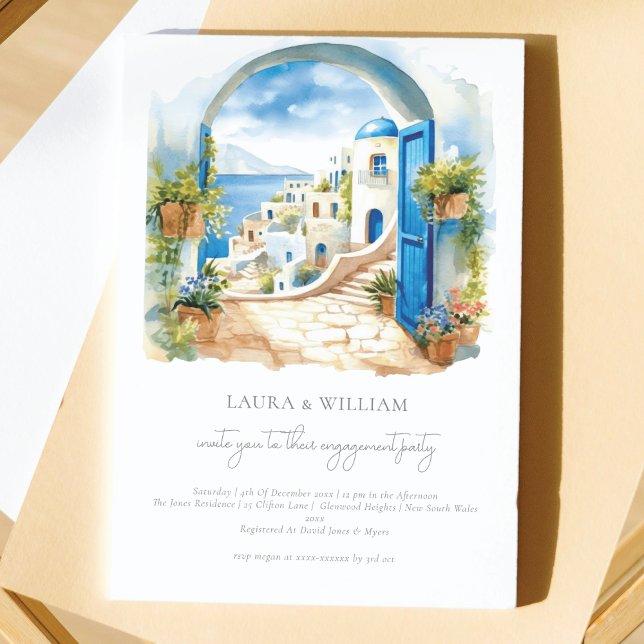 Santorini Greece Watercolor Engagement Invitation (Creator Uploaded)