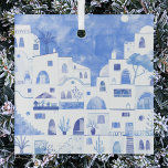 Santorini Greece Watercolor Glass Tree Decoration<br><div class="desc">A blue and white watercolor townscape painting of the beautiful Greek island of Santorini.  Original art by Nic Squirrell.</div>