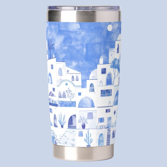 Santorini Greece Watercolor Insulated Tumbler (Oia Santorini Greece blue and white watercolor art insulated tumbler)