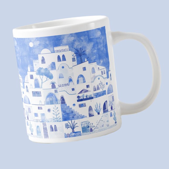 Santorini Greece Watercolor Large Coffee Mug (Santorini Oia Greece blue and white watercolor art mug)