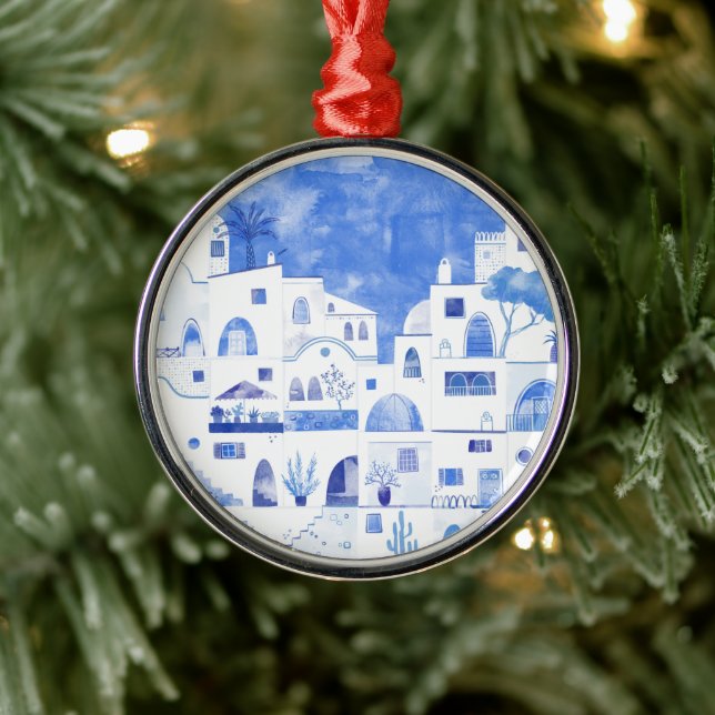 Santorini Greece Watercolor Metal Ornament (Tree)