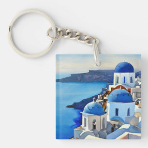 Santorini Greece Watercolor Painting Key Ring