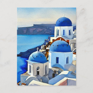 Santorini Greece Watercolor Painting Postcard