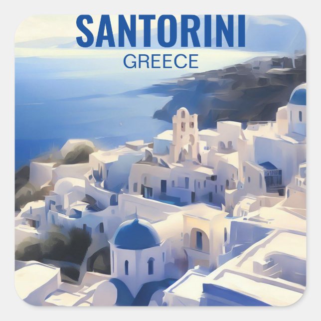Santorini Greece Watercolor Painting Square Sticker (Front)