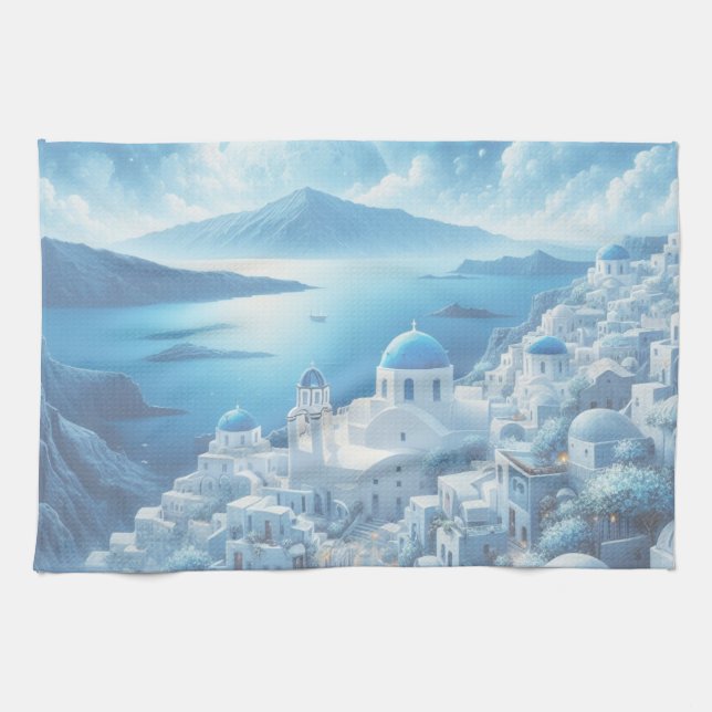 Santorini Greece Watercolor Painting Tea Towel (Horizontal)