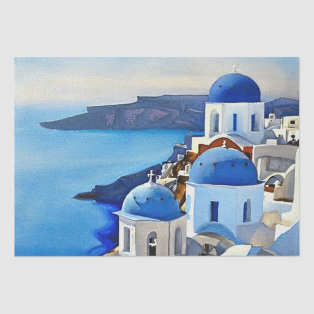 Santorini Greece Watercolor Painting Tissue Paper (Front)