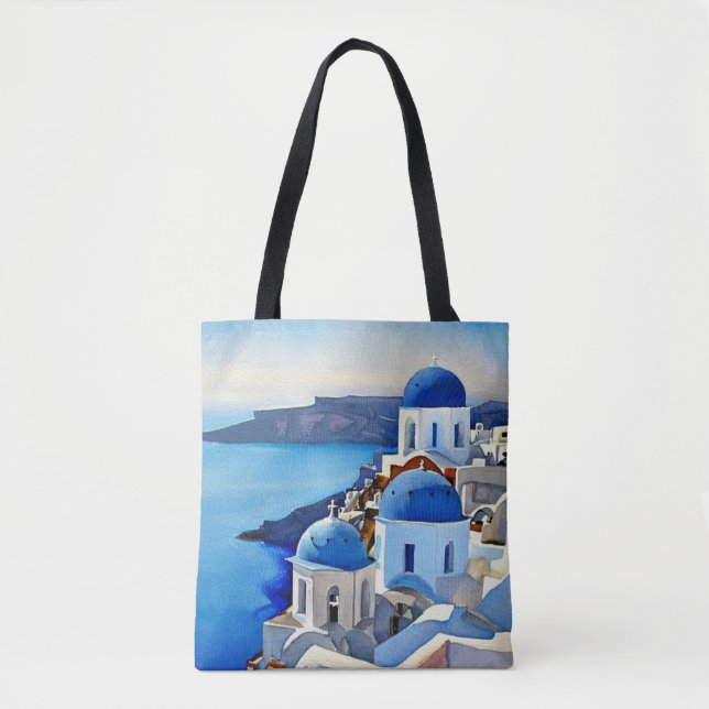 Santorini Greece Watercolor Painting Tote Bag (Front)
