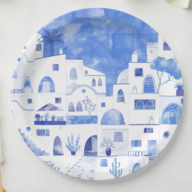 Santorini Greece Watercolor Paper Plate (Blue and white watercolor painting of Santorini on paper plates)