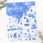 Santorini Greece Watercolor Personalised Postcard<br><div class="desc">A modern watercolor painting of the Greek island of Santorini.  Original art by Nic Squirrell. Change the name to personalise.</div>