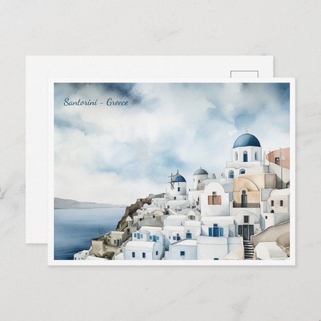 Santorini Greece Watercolor Postcard (Front/Back)