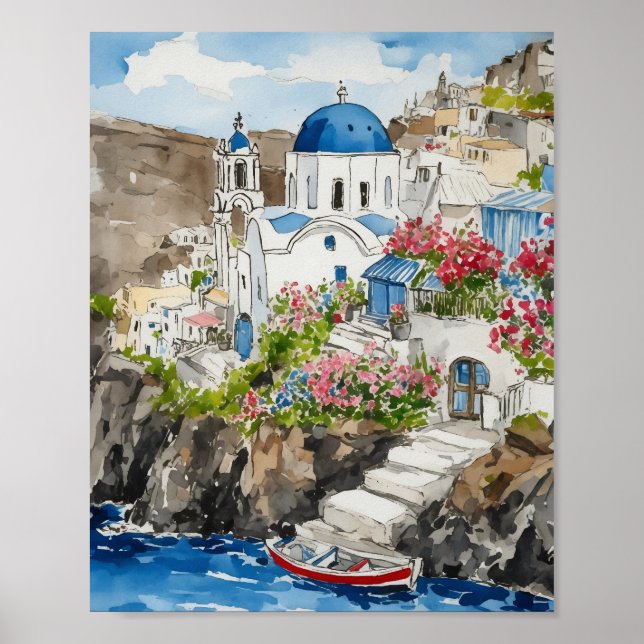 Santorini Greece Watercolor Poster (Front)