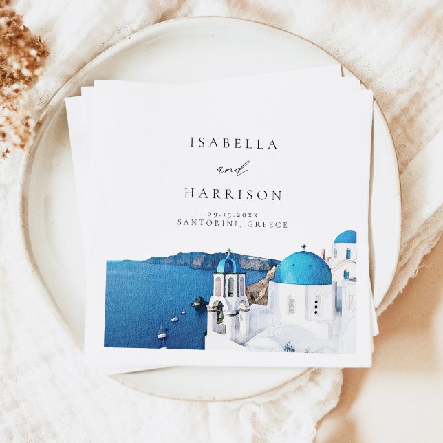 SANTORINI GREECE Watercolor Skyline Destination Napkin (Creator Uploaded)