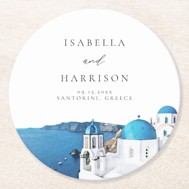 SANTORINI GREECE Watercolor Skyline Destination Round Paper Coaster (Front)