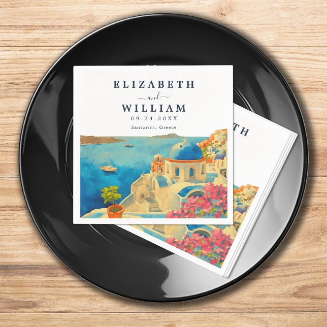 Santorini Greece Watercolor Skyline Wedding Napkin (Creator Uploaded)