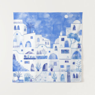 Santorini Greece Watercolor Tapestry