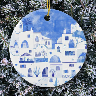 Santorini Greece Watercolor Townscape Ceramic Ornament
