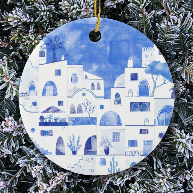 Santorini Greece Watercolor Townscape Ceramic Ornament (Santorini blue and white watercolor painting on a ceramic ornament)
