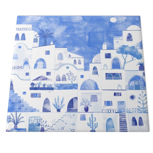 Santorini Greece Watercolor Townscape Ceramic Tile (Santorini blue and white watercolor painting on a ceramic tile)