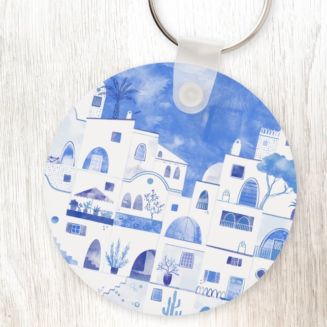 Santorini Greece Watercolor Townscape Key Ring (Santorini Greece watercolor painting in blue and white on a keyring)
