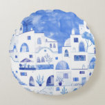 Santorini Greece Watercolor Townscape Round Cushion<br><div class="desc">A Watercolor townscape painting of the beautiful Greek island of Santorini.</div>