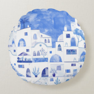 Santorini Greece Watercolor Townscape Round Cushion