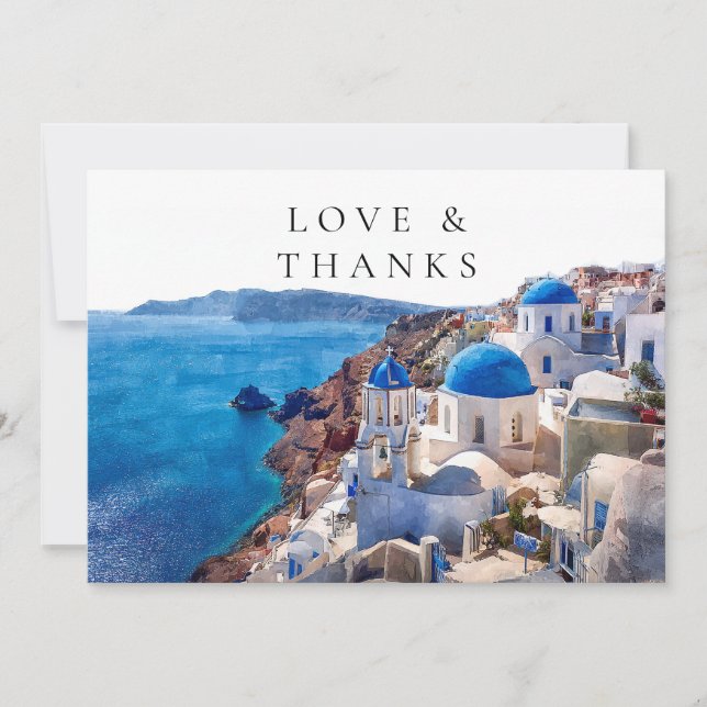 Santorini Greece Watercolor Wedding Photo Thank You Card (Front)