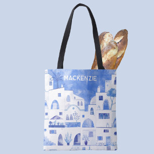 Santorini Greek Island Personalised Watercolor Tote Bag