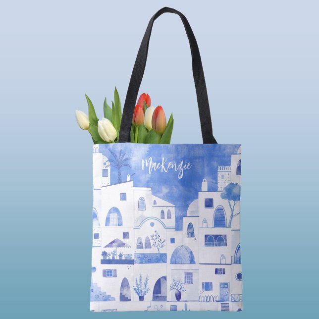 Santorini Greek Island Personalised Watercolor Tote Bag (Santorini personalized blue and white watercolor art tote bag)