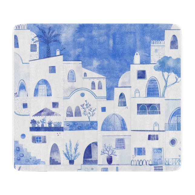 Santorini Greek Island Watercolor Townscape Cutting Board (Front)