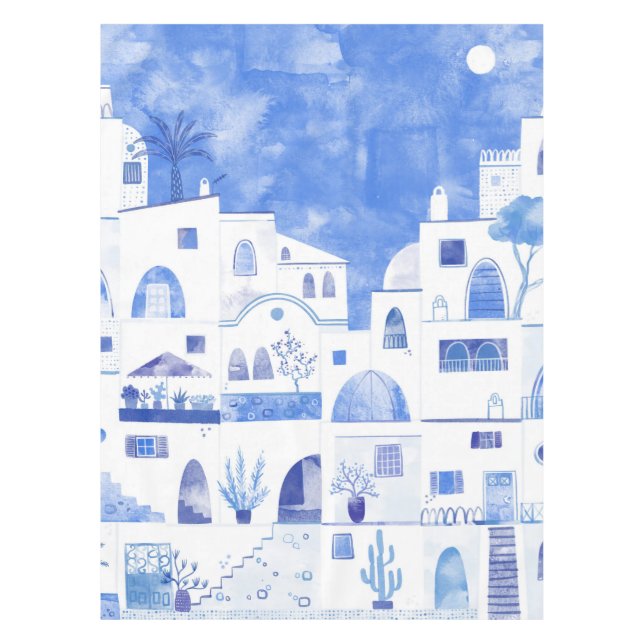 Santorini Greek Island Watercolor Townscape Tablecloth (Front)