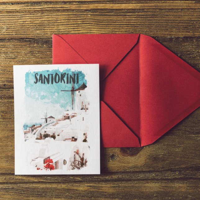 Santorini Greek Islands Watercolor Travel Postcard (Santorini Greece watercolor )