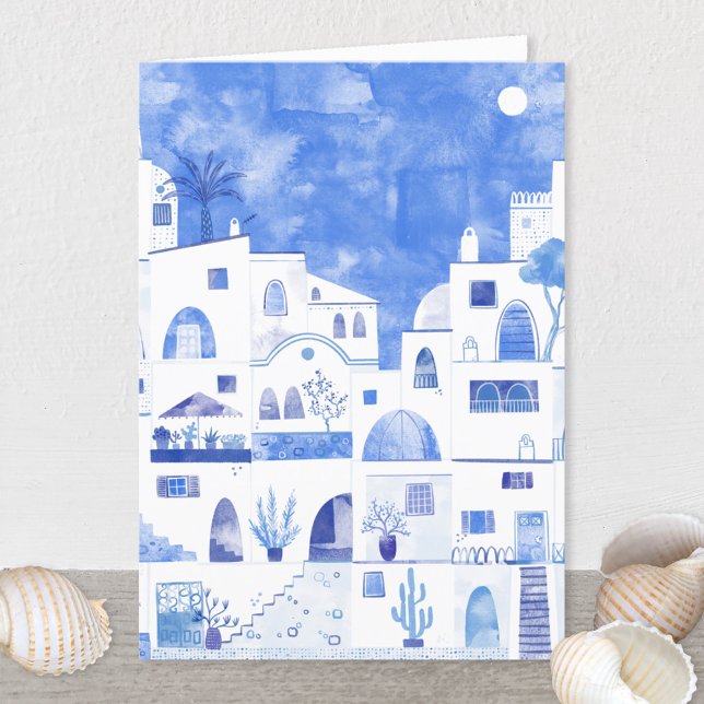 Santorini Greek Watercolor Greetings Card (Santorini blue and white watercolor painting on a greetings card)