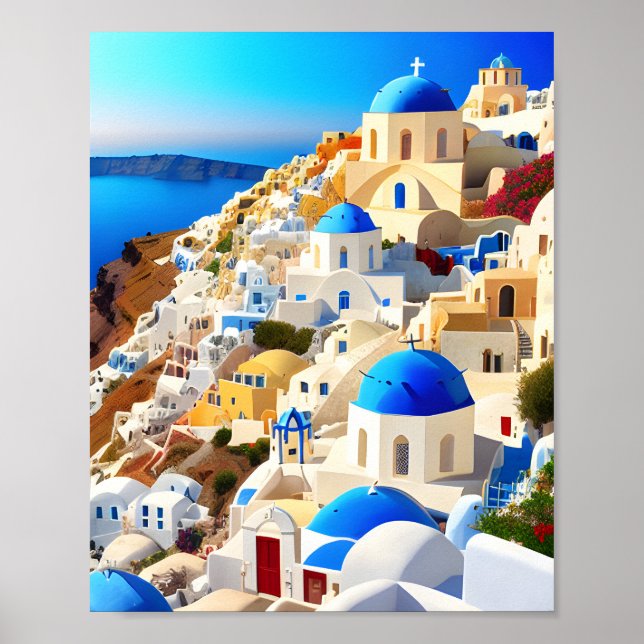 Santorini Island Greece Digital Art Painting Poster (Front)