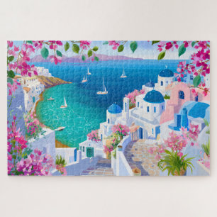 Santorini Island Greece Watercolor Painting Jigsaw Puzzle