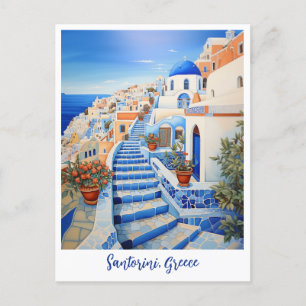Santorini Island Illustration   Travel Art Postcard
