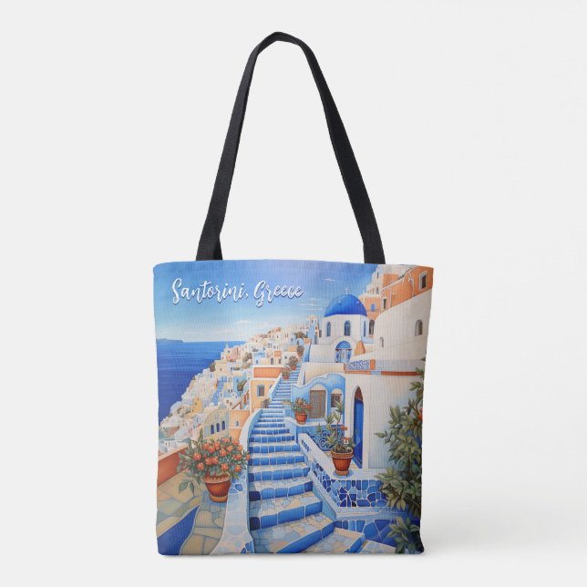 Santorini Island Illustration | Travel Art Tote Bag (Back)