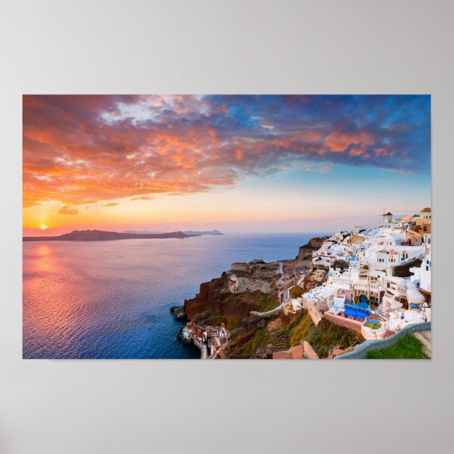 Santorini island in Greece at sunset Poster (Front)