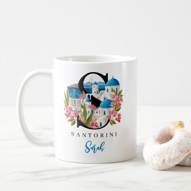 Santorini Monogram Letter S Personalised Gift Coffee Mug (With Donut)