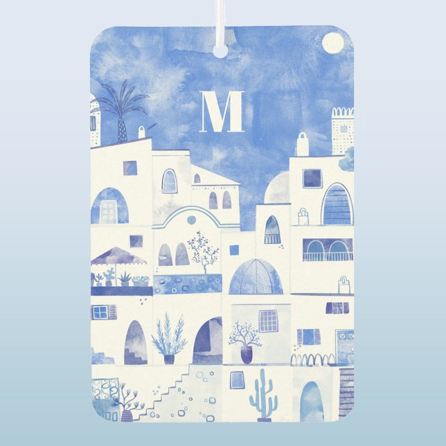 Santorini Monogram Watercolor Art Car Air Freshener (Santorini monogram initial Greek island watercolor art car vehicle air freshener)