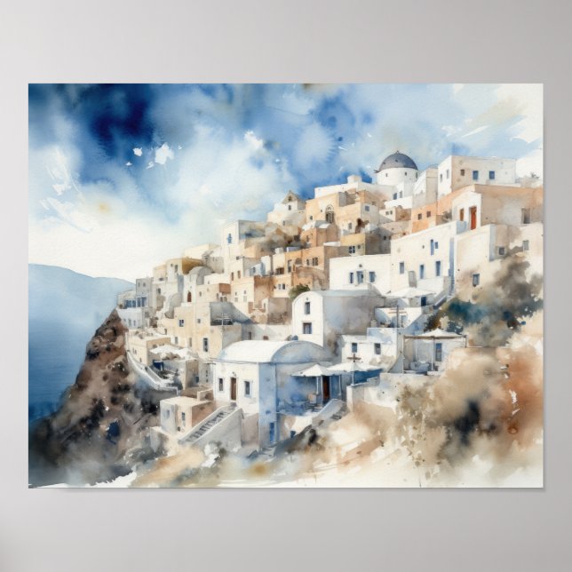 Santorini Oia Greece Watercolor Art Print Poster (Front)