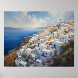 Santorini Oia Greece Watercolor Art Print Poster