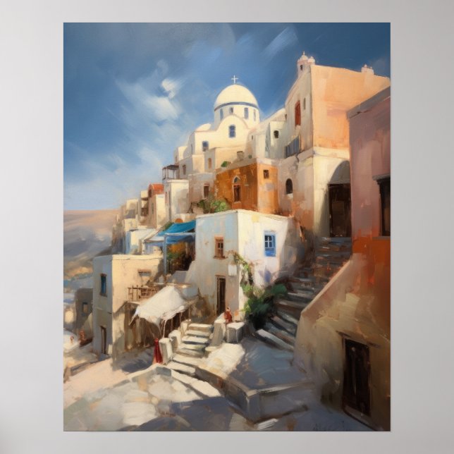 Santorini Oia Greece Watercolor Art Print Poster (Front)