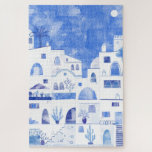 Santorini Oia Greek Island Watercolor Townscape Jigsaw Puzzle<br><div class="desc">Blue and white Watercolor townscape painting of the village of Oia on the Greek island of Santorini.</div>