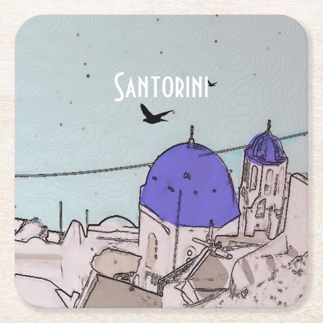 Santorini Pretty Greek Island Square Paper Coaster (Front)