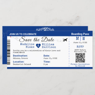 Santorini Skies Boarding Pass Style Save The Date 